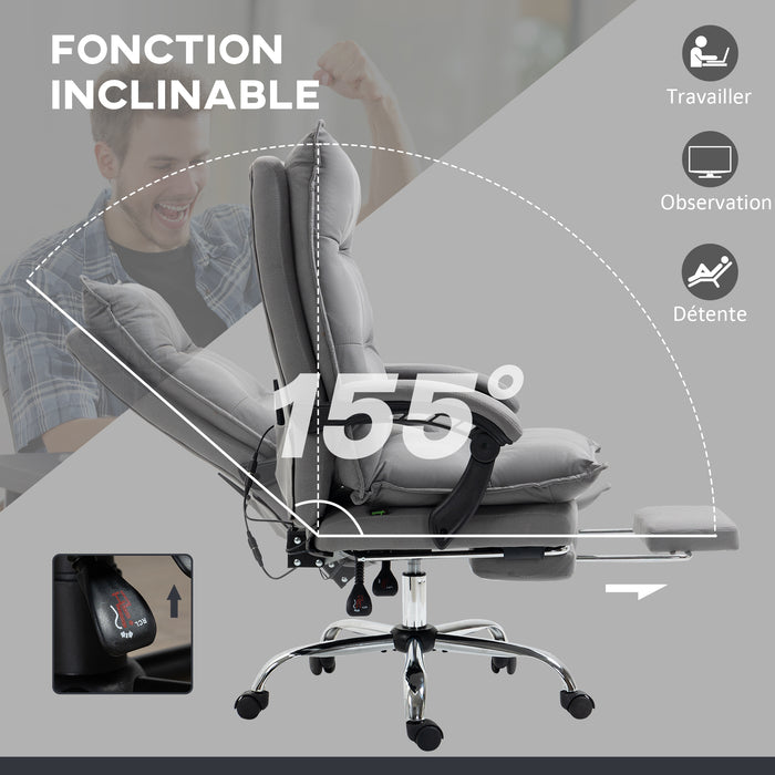 Fauteuil de bureau massant et chauffant, chaise de bureau, hauteur réglable, dossier inclinable, gris
