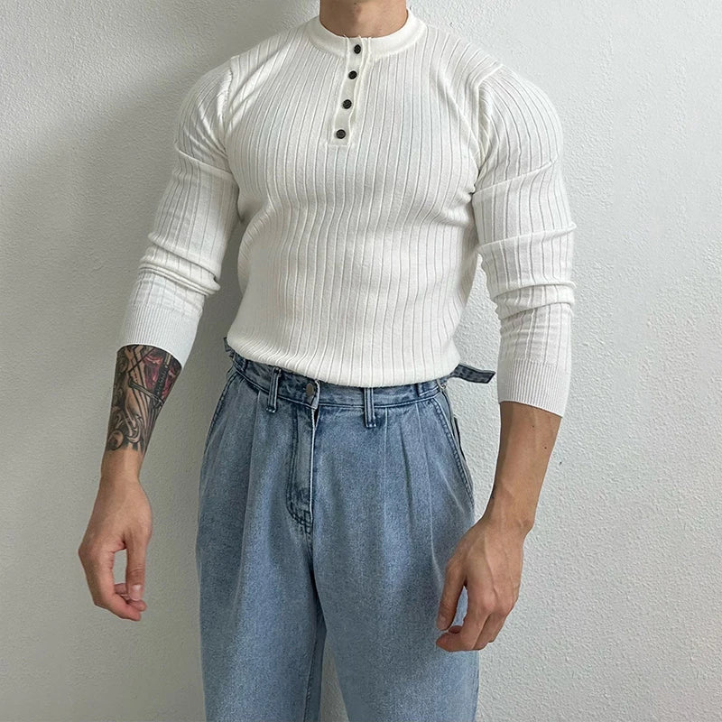 T-shirt boutonné à manches longues pour hommes, tricots de loisirs rétro, col Henry, vêtements de luxe légers, coréen populaire, automne