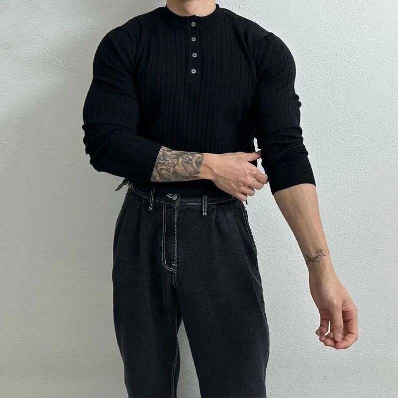 T-shirt boutonné à manches longues pour hommes, tricots de loisirs rétro, col Henry, vêtements de luxe légers, coréen populaire, automne
