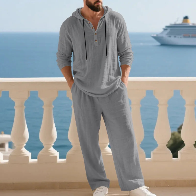 Costume décontracté en lin pour hommes, chemise Henley ample à capuche, pantalon à manches longues, automne transfrontalier