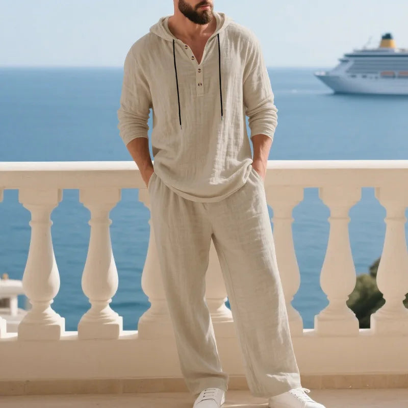 Costume décontracté en lin pour hommes, chemise Henley ample à capuche, pantalon à manches longues, automne transfrontalier