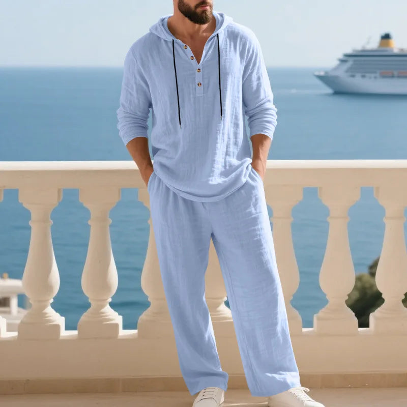 Costume décontracté en lin pour hommes, chemise Henley ample à capuche, pantalon à manches longues, automne transfrontalier
