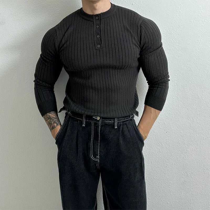 T-shirt boutonné à manches longues pour hommes, tricots de loisirs rétro, col Henry, vêtements de luxe légers, coréen populaire, automne