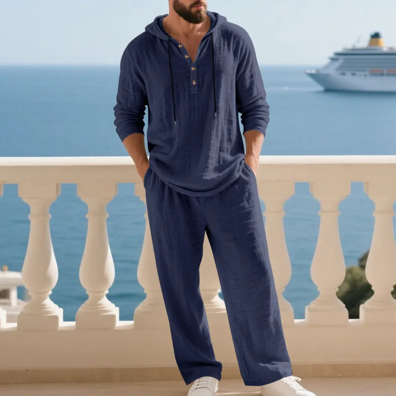 Costume décontracté en lin pour hommes, chemise Henley ample à capuche, pantalon à manches longues, automne transfrontalier