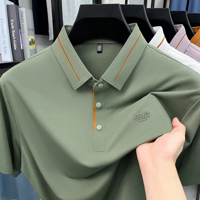 Luxe marque glace soie manches courtes polo shirt homme été mode lettre en Gaufrage confort respirant loisir haut de gamme T-shirt