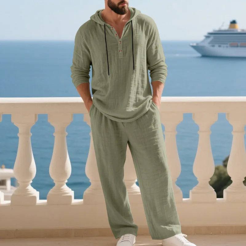 Costume décontracté en lin pour hommes, chemise Henley ample à capuche, pantalon à manches longues, automne transfrontalier