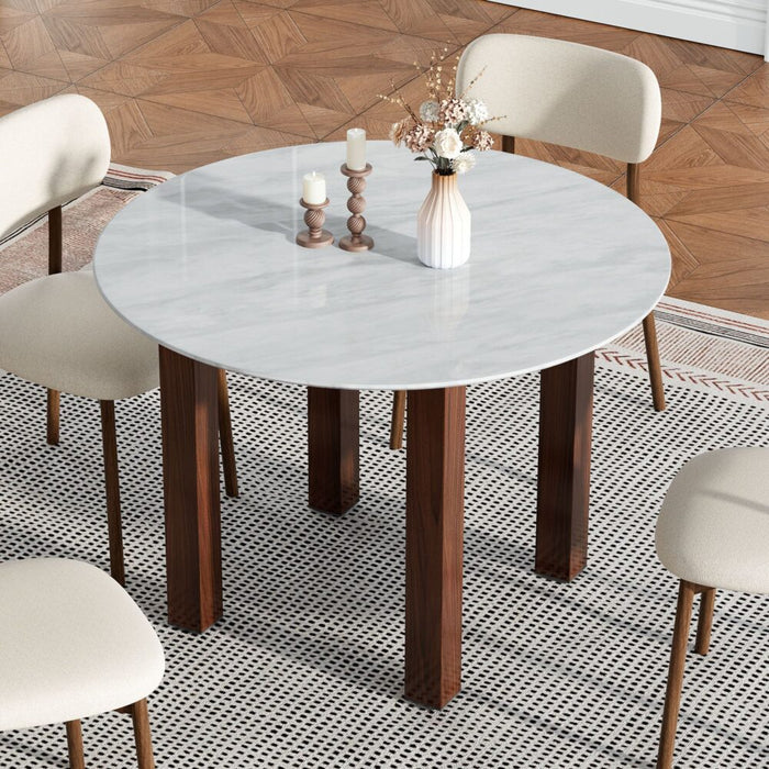 Table à Manger Ronde en Noyer — Plateau Effet Marbre Blanc
