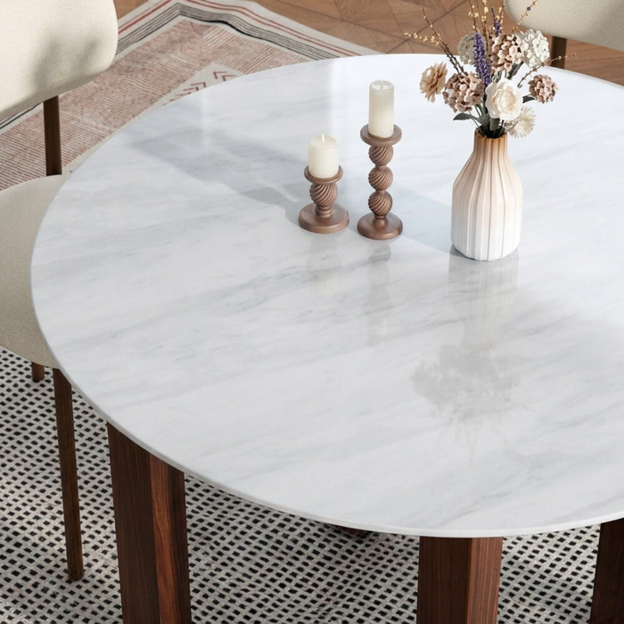 Table à Manger Ronde en Noyer — Plateau Effet Marbre Blanc