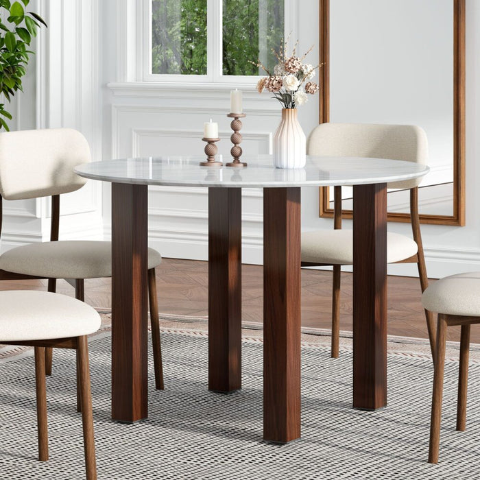Table à Manger Ronde en Noyer — Plateau Effet Marbre Blanc