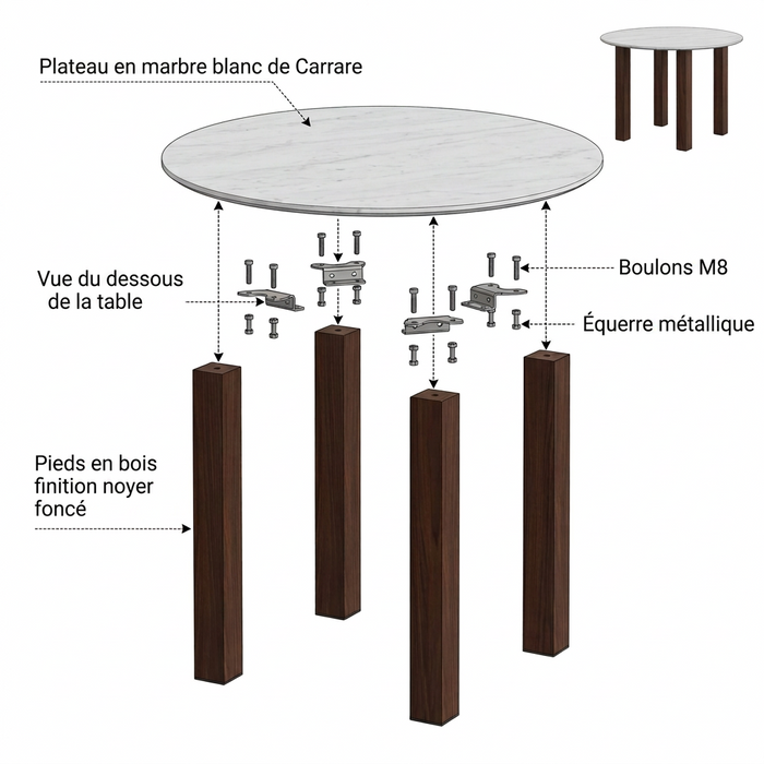 Table à Manger Ronde en Noyer — Plateau Effet Marbre Blanc