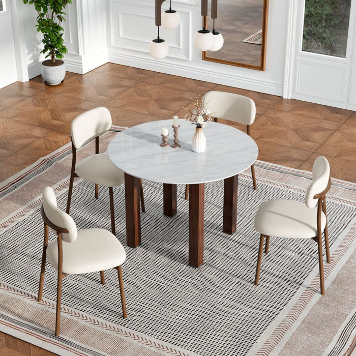 Table à Manger Ronde en Noyer — Plateau Effet Marbre Blanc