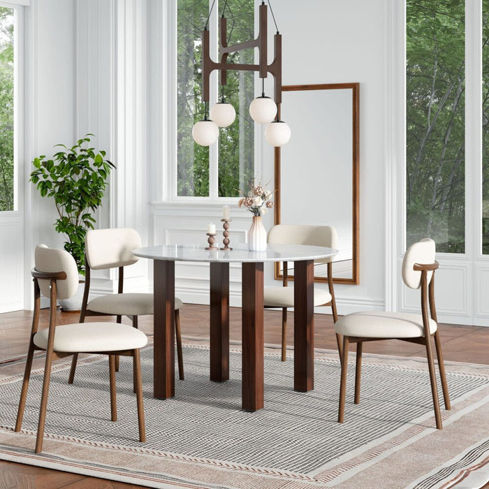 Table à Manger Ronde en Noyer — Plateau Effet Marbre Blanc