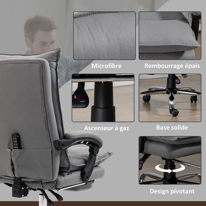 Fauteuil de bureau massant et chauffant, chaise de bureau, hauteur réglable, dossier inclinable, gris