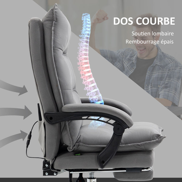 Fauteuil de bureau massant et chauffant, chaise de bureau, hauteur réglable, dossier inclinable, gris