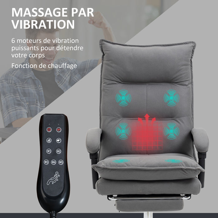 Fauteuil de bureau massant et chauffant, chaise de bureau, hauteur réglable, dossier inclinable, gris